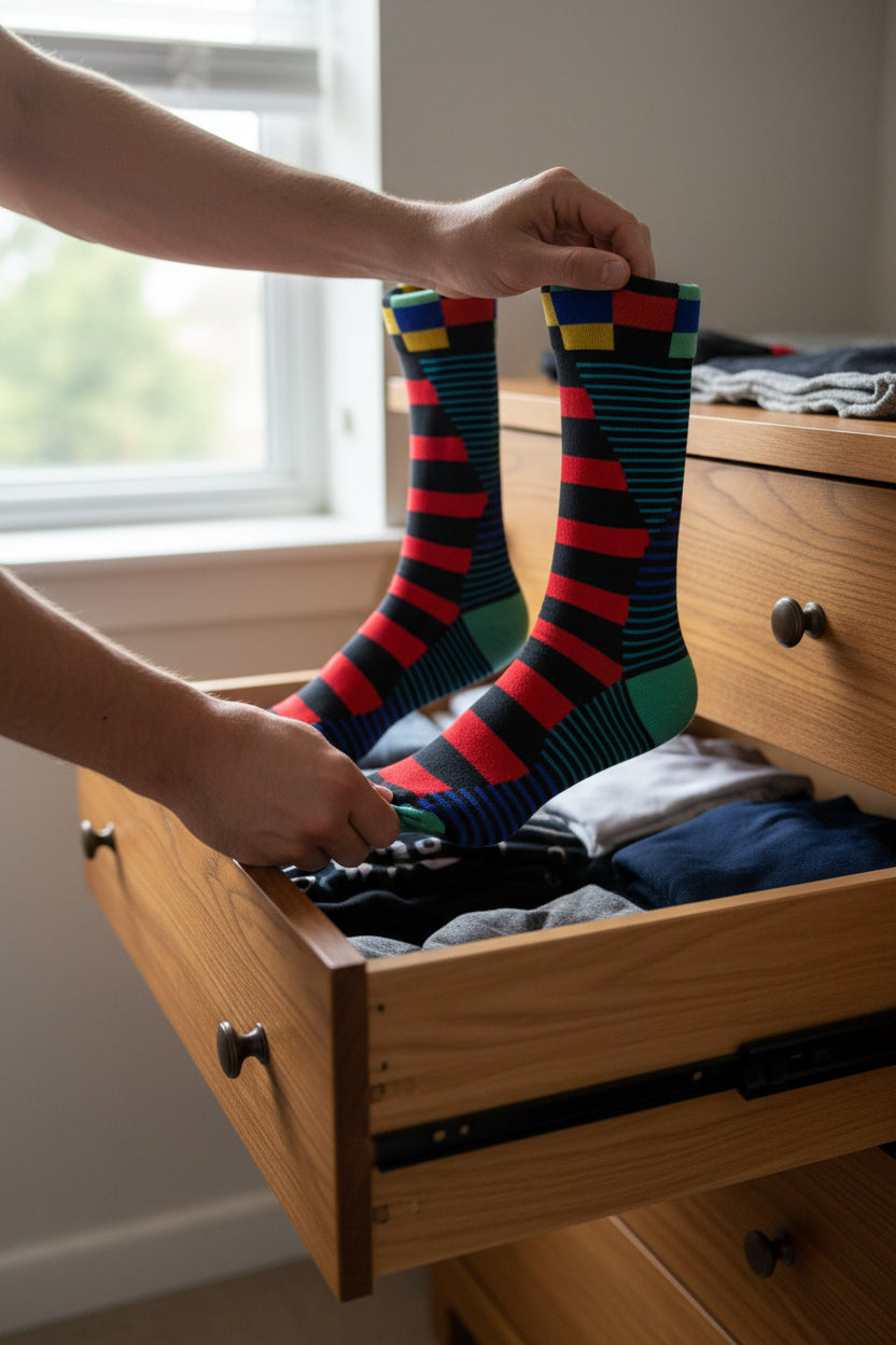 Bold Grid Mid-Calf Dress Socks, vibrant color-block design in red, yellow, green, and blue with sharp black lines for a clean, modern edge. – Men’s Size 8–12