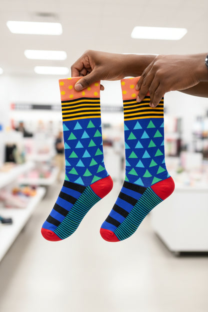 Bold Grid Mid-Calf Dress Socks, vibrant color-block design in red, yellow, green, and blue with sharp black lines for a clean, modern edge. – Men’s Size 8–12