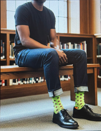 Teenage boys that are knee-high/crew socks, with fun patterns and designs. Sizes:9-13