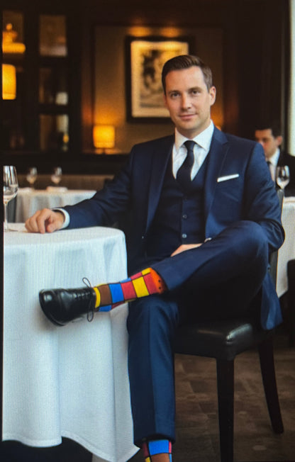 Teenage boys that are knee-high/crew socks, with fun patterns and designs. Sizes:9-13