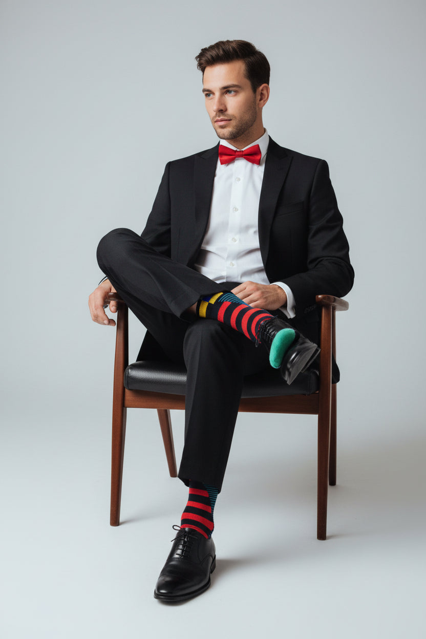 Teenage boys that are knee-high/crew socks, with fun patterns and designs. Sizes:9-13