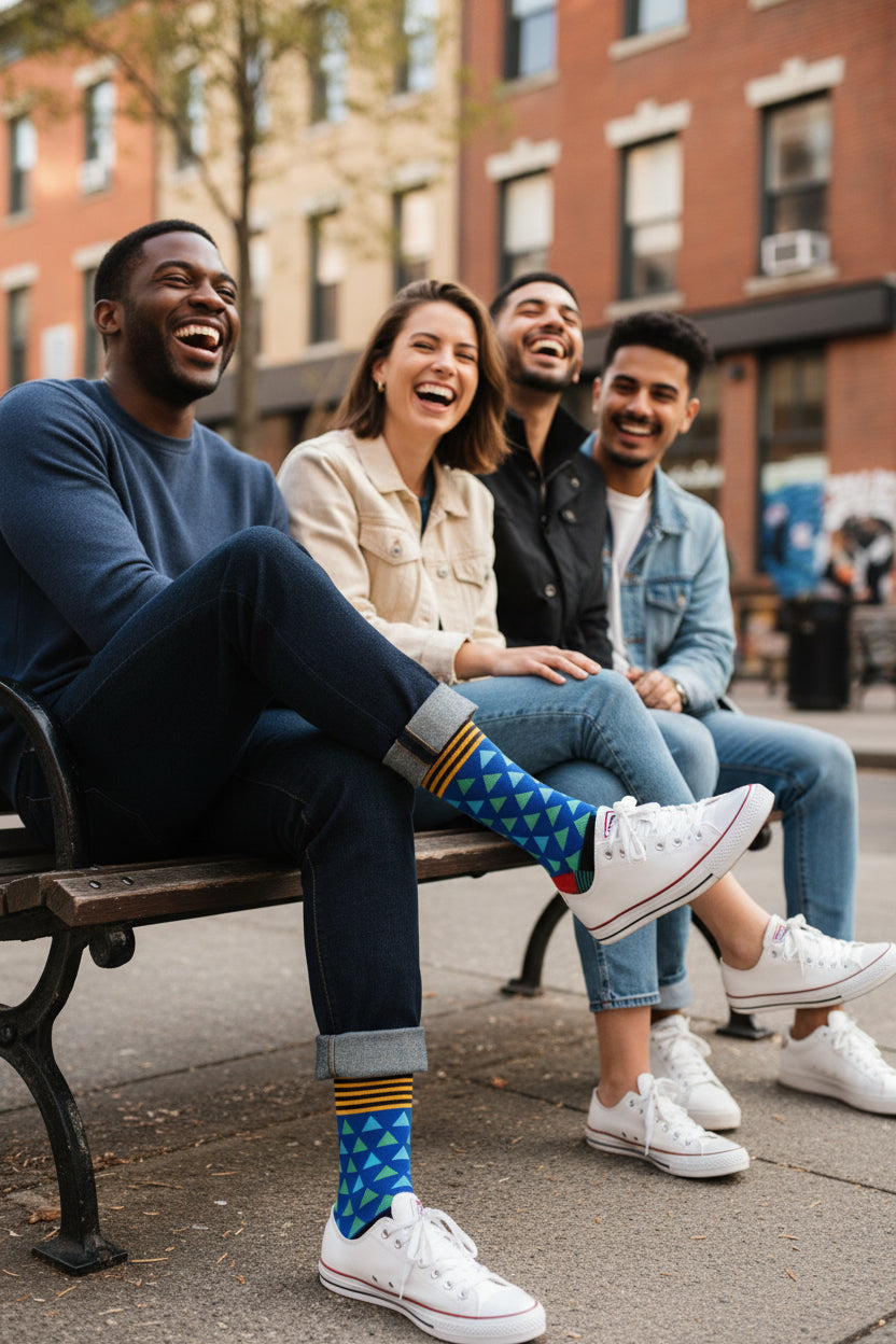 Teenage boys that are knee-high/crew socks, with fun patterns and designs. Sizes:9-13
