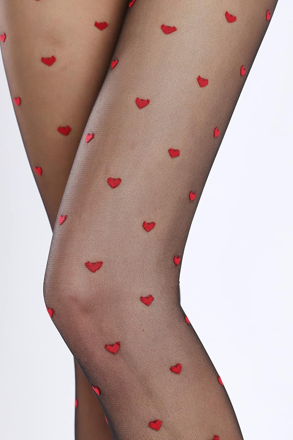 Sheer Pantyhose Control Top for Women and Teen Girls with a  High Waist. Color black with red hearts; one size fits  88-190lbs.