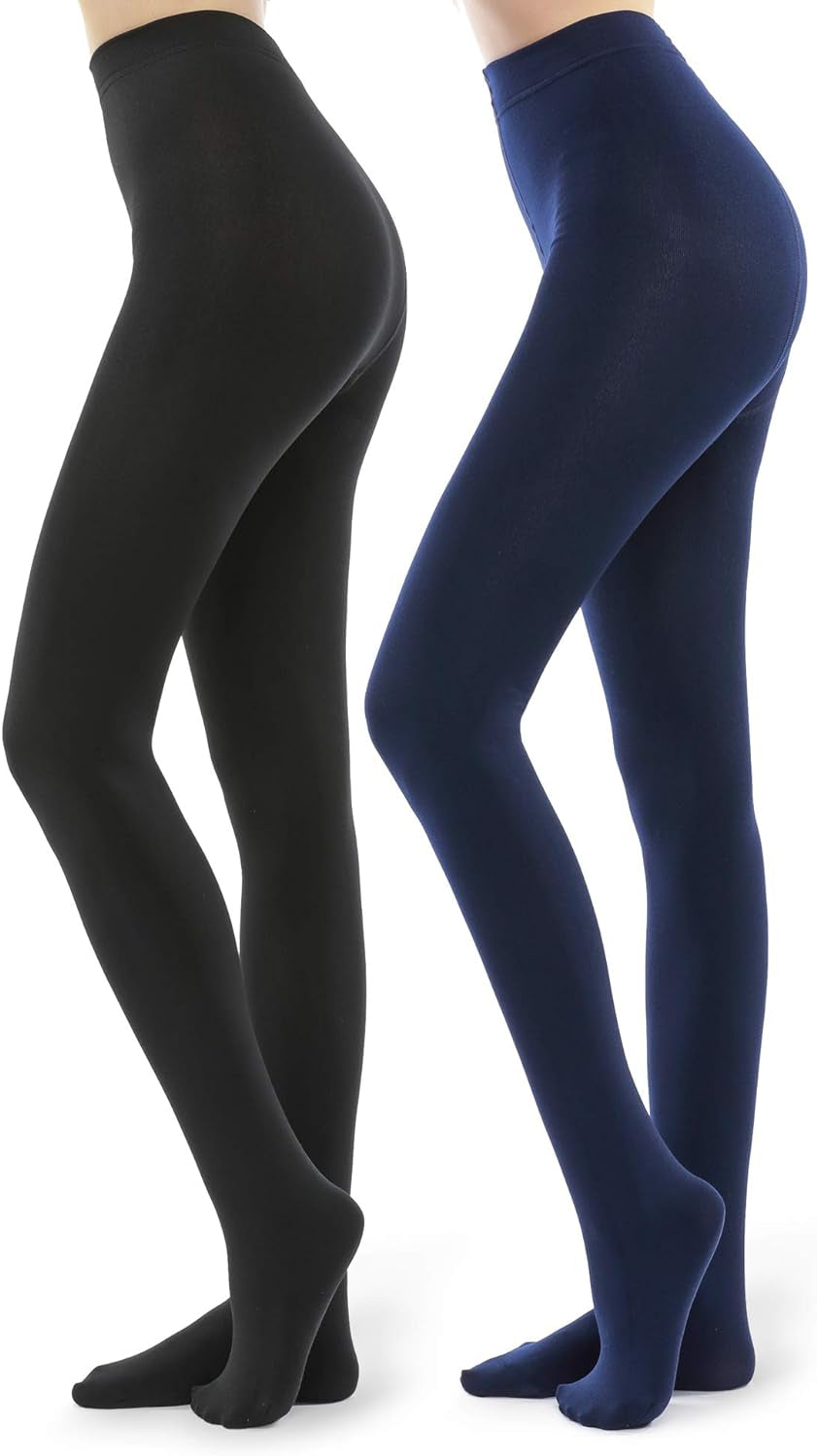 Two fleece-lined tights for women and teen girls. Size: Small/Medium-90-140lbs-4'9"-5'4",  Color: Black/Navy Blue.