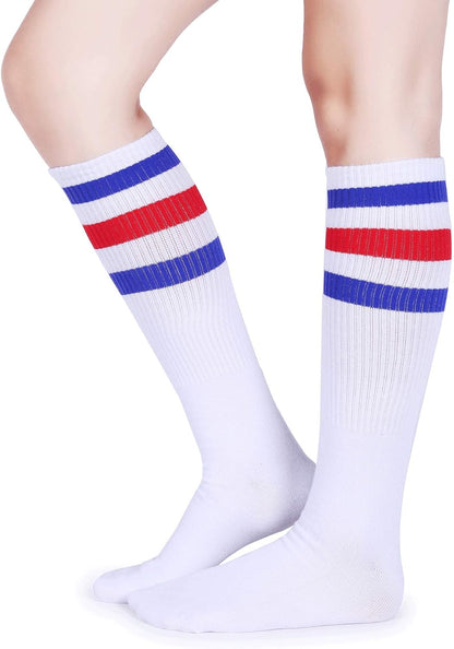 Traditional Three-Stripes Over-the-Calf Tube Socks in Soft Cotton for Men and Teens. Pair with red, white, and blue stripes; Fit Men's Shoe Size 6-12 (Socks Size:7-13);Women's Shoe Size 5-13(Socks Size:6-15).