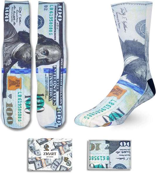 Men's and teens' money print socks include a three-dimensional graphic depiction of a $100 note on them. Size: Medium, Color: Dollar Blue.