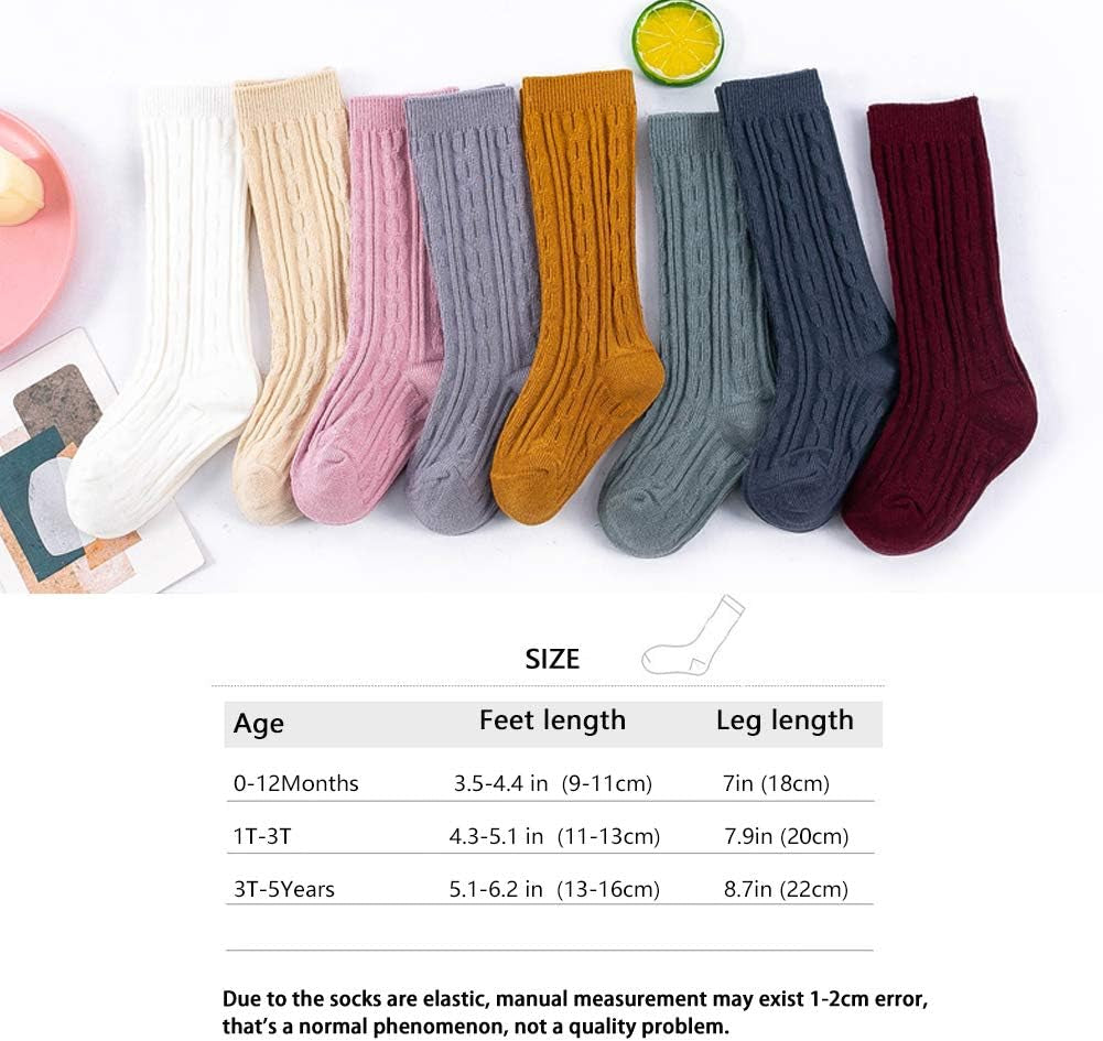 Toddler Knee High Socks for Baby Girls in Multicolor, Made of Thick Cable Knit Cotton, Sizes 1T-3T.