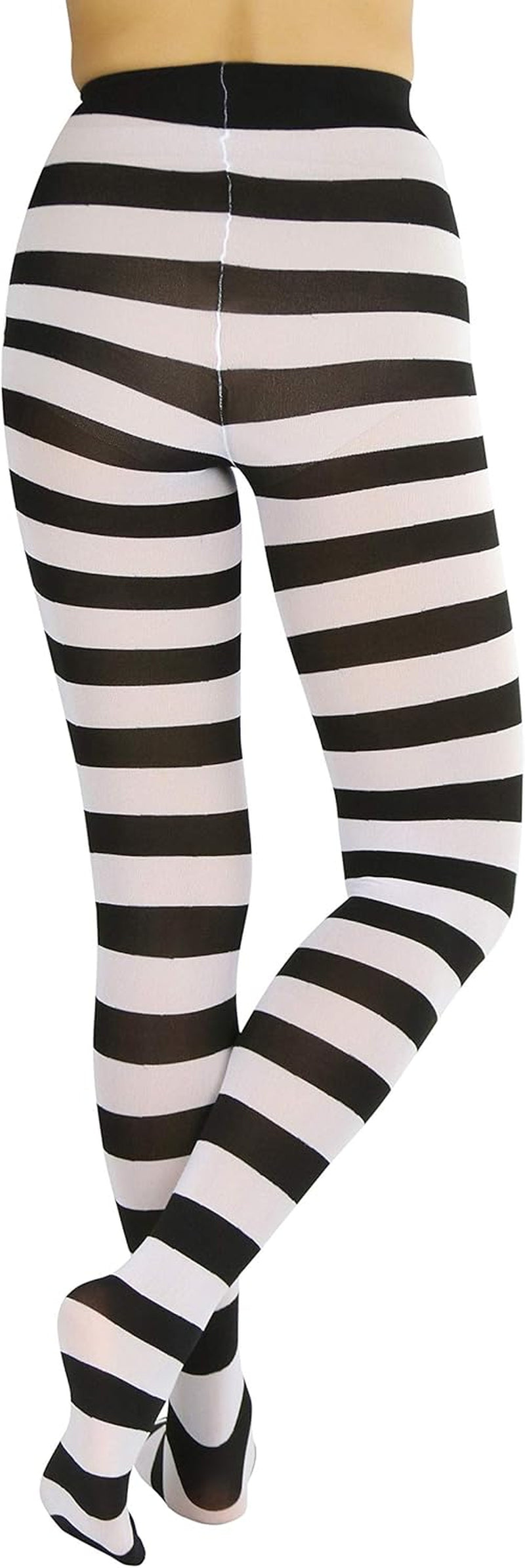 A pair of opaque stockings in black and white with wide horizontal contrast stripes, perfect for women and teenagers. Size: one size (regular up to 165lbs).