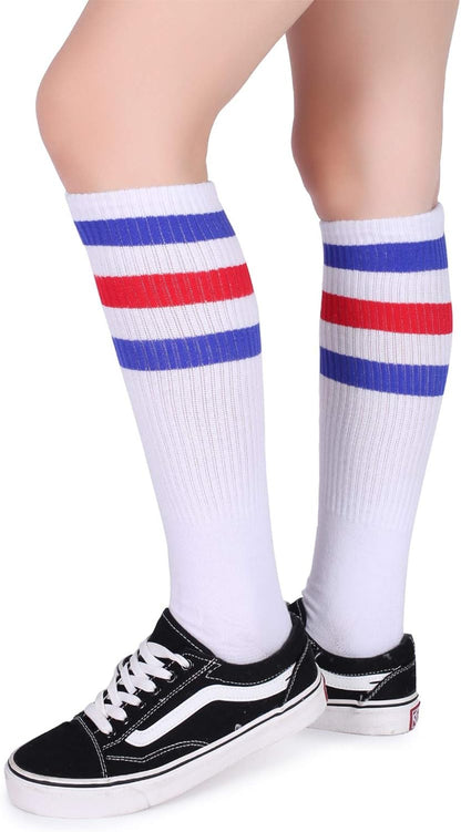 Traditional Three-Stripes Over-the-Calf Tube Socks in Soft Cotton for Men and Teens. Pair with red, white, and blue stripes; Fit Men's Shoe Size 6-12 (Socks Size:7-13);Women's Shoe Size 5-13(Socks Size:6-15).