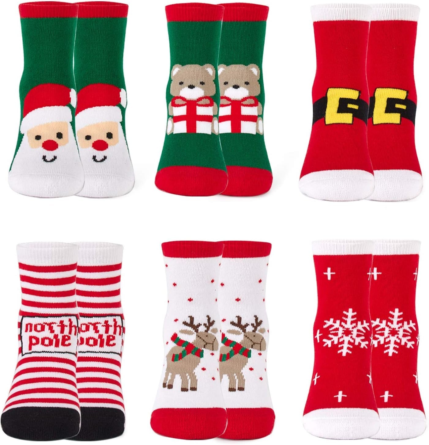 With these six pairs of warm, thick cotton thermal crew socks in sizes 8-10Y, you can cheer up for the holidays. 