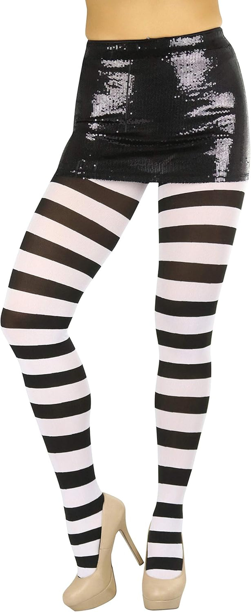 A pair of opaque stockings in black and white with wide horizontal contrast stripes, perfect for women and teenagers. Size: one size (regular up to 165lbs).