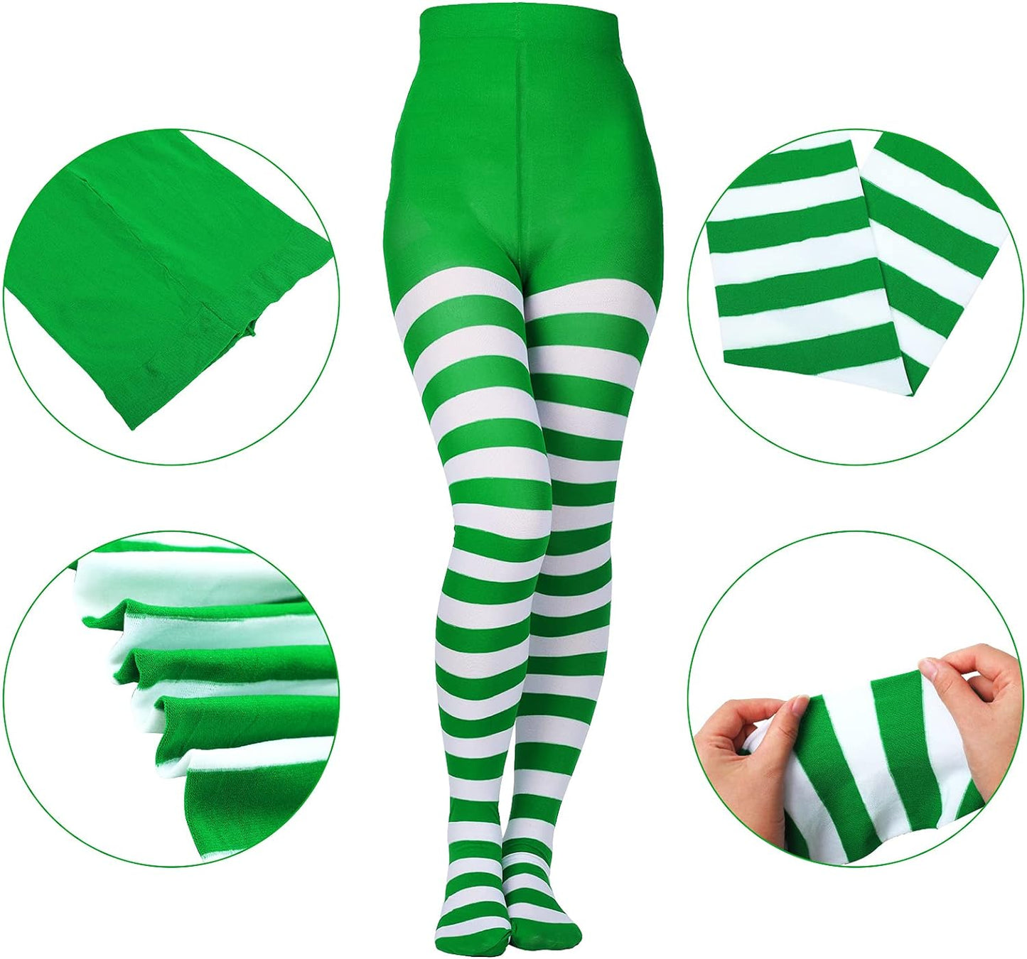 Striped spandex tights are a popular choice for women and young ladies to wear throughout the Christmas season. One Size: fits height: 61-68.9; weight: 88-160 lb. Stripes of holiday color. 