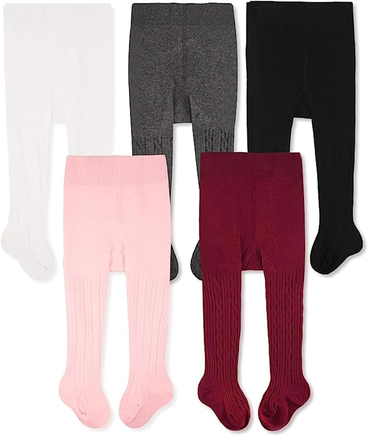 It is time  to replenish our babygirls cotton cable knit footed tights 5-pack, which includes sizes 0-6 months in Black, White, Dark Grey, Burgundy, and Pink.