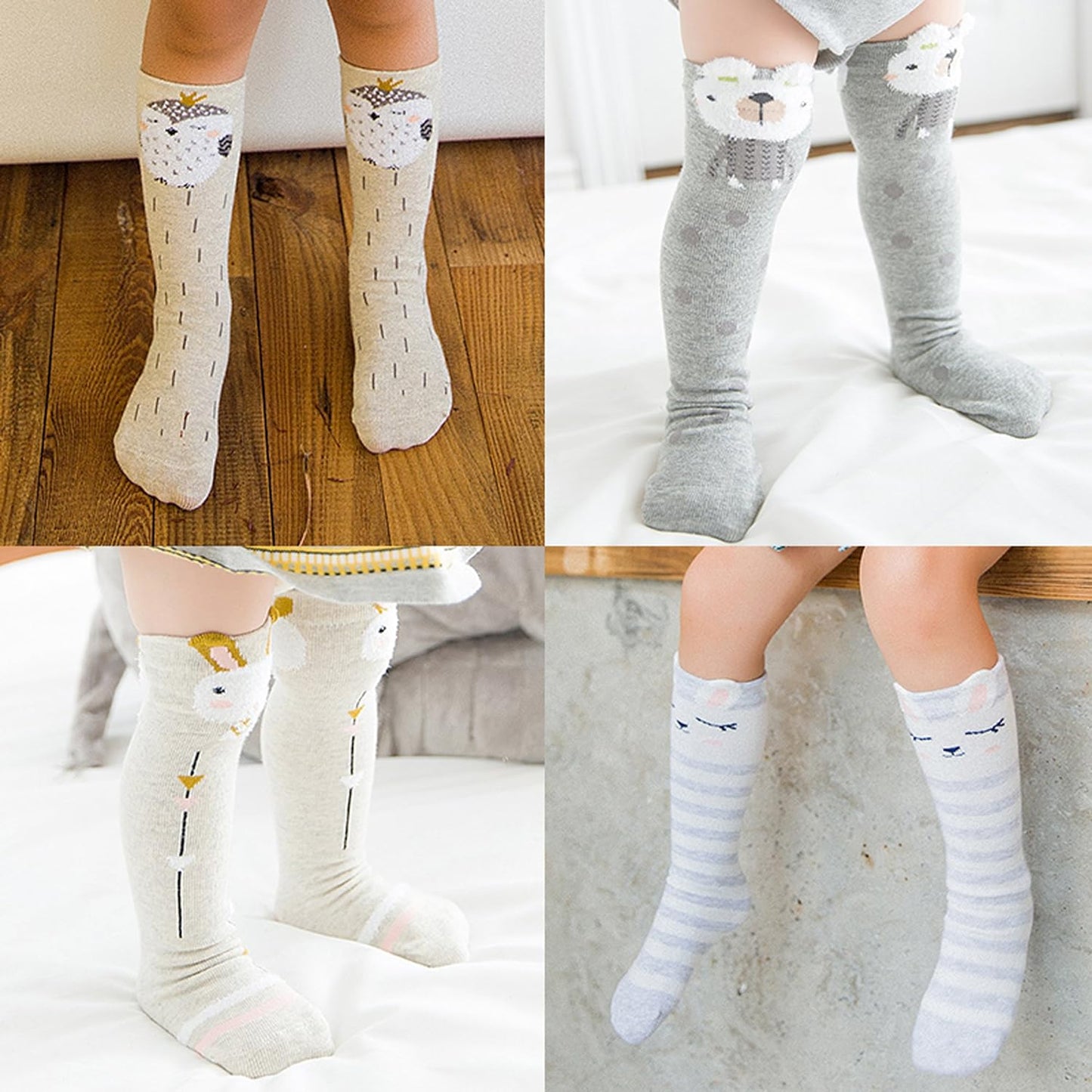 Cartoon animal print knee high socks made of soft cotton, perfect for girls and toddlers. Age range: 1–7 years.