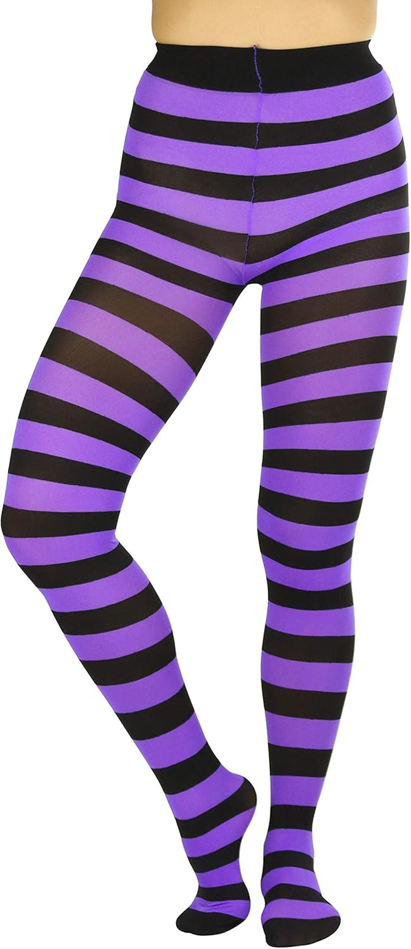 A pair of opaque stockings in purple and black with wide horizontal contrast stripes, perfect for women and teenagers. Size: one size (regular up to 165lbs). 