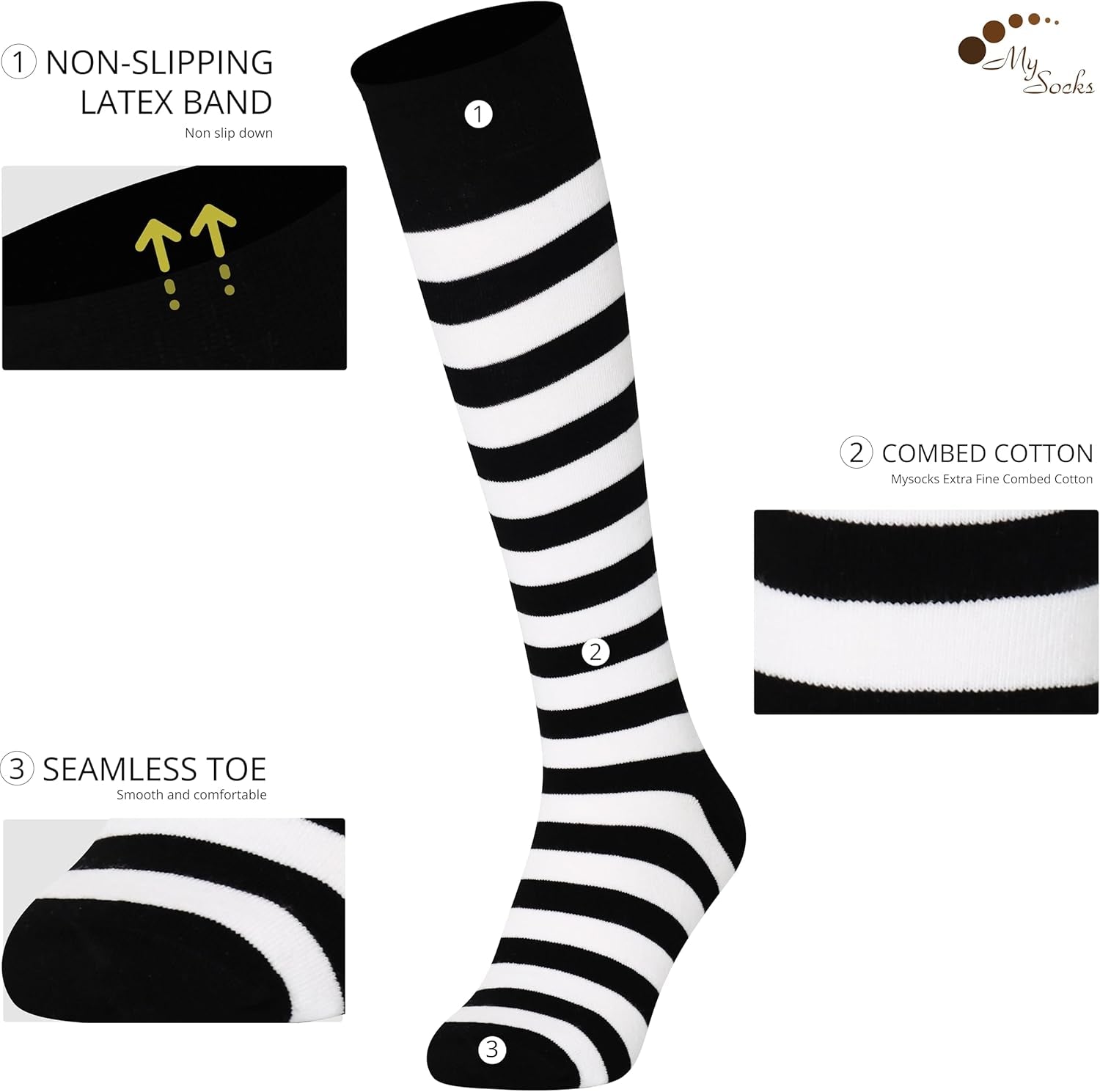 A perfect complement to your collection are these Unisex Knee High Stripe Socks. Size: 8–11; Color: White/Black stripes.