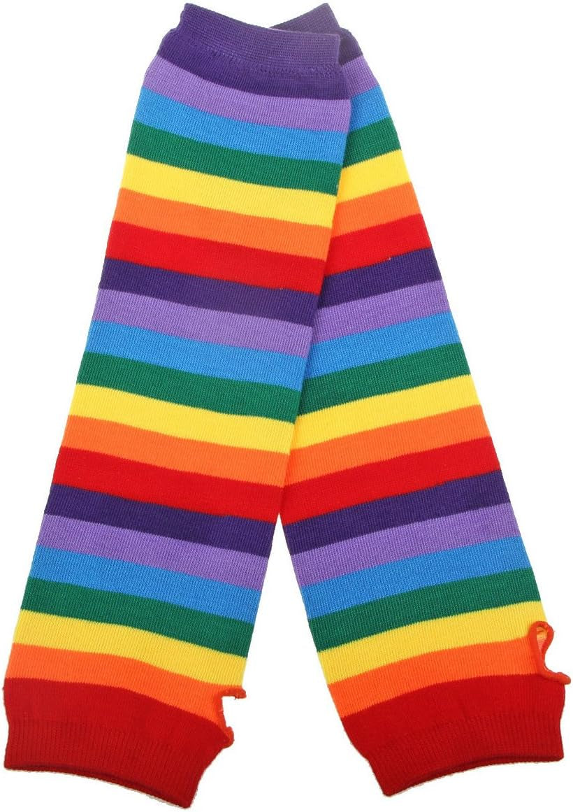 Pair of knee-high socks with rainbow stripes and matching arm warmers for teen girls' and women. Size: socks-64cm, arm warmer-36cm, Color: Dark Purple Stripes.