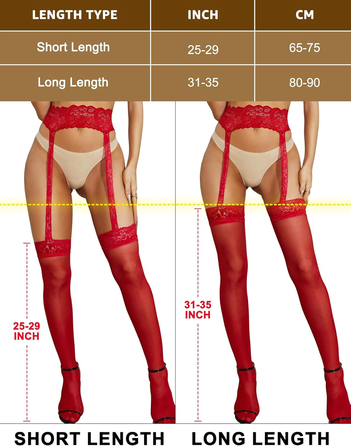 Pantyhose with a Garter for Women and Teen Girls: High-Waist, Silicone, Sheer, Lace, Suspender. The color is red, and it comes in one size that suits most (2F 7inches-2F 11inches). no bleach, cold water, drip drying, and no ironing.