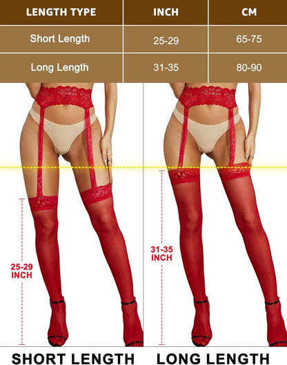 Pantyhose with a Garter for Women and Teen Girls: High-Waist, Silicone, Sheer, Lace, Suspender. The color is red, and it comes in one size that suits most (2F 7inches-2F 11inches). no bleach, cold water, drip drying, and no ironing.