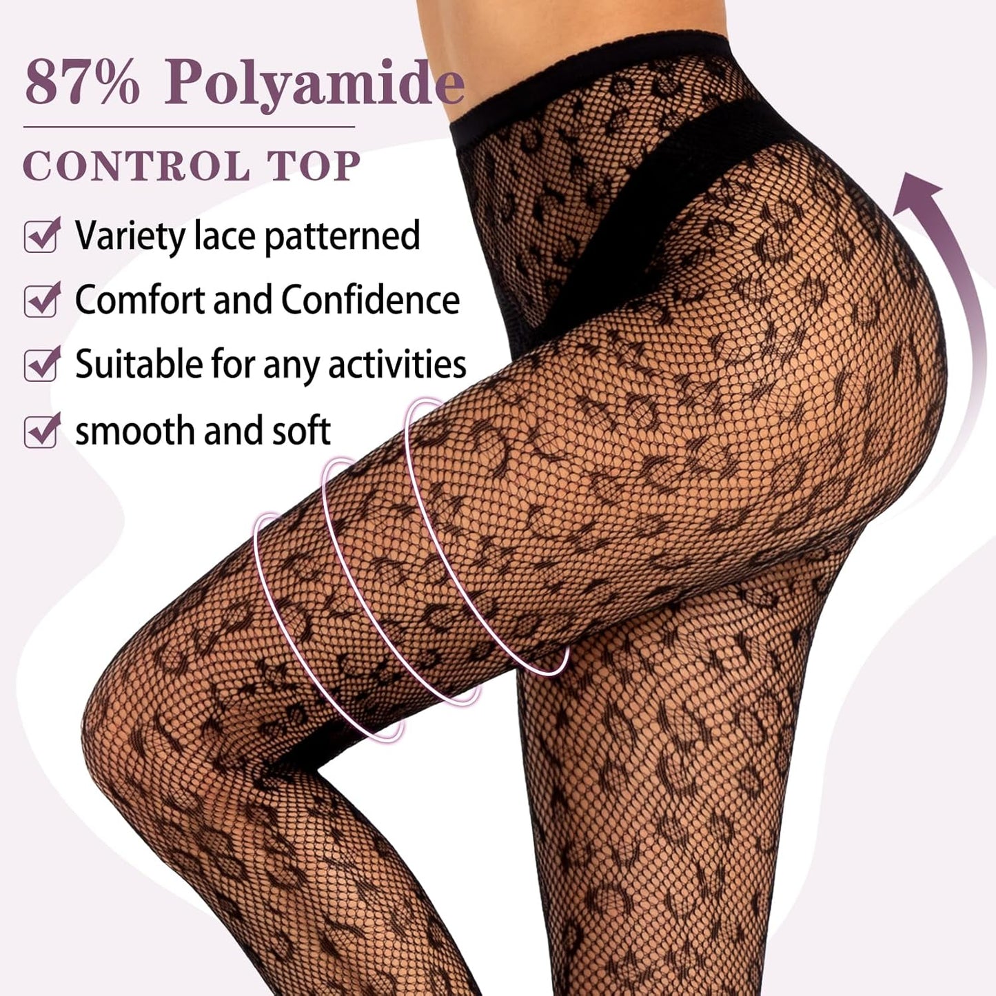 Fishnet  Women and Teen Girls Lace Black Leopard Patterned High Waist Pantyhose, One Size: suitable for most people with a height of 5.4-5.8 feet and a weight of 99-176 pounds.  Color: Black