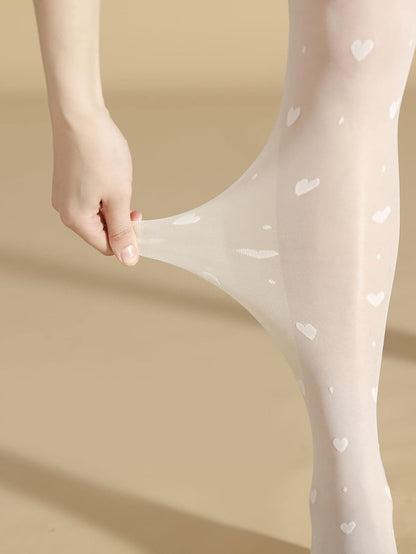 Women Teen Girls Heart Printed Semi Sheer High Waist Pantyhose. Color: White,  One Size waist 26-28.7; length 42.1-110.2.