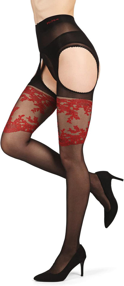 Red suspender sheer pantyhose for women and teen girls. Size: Small to Medium (fits height 4'10"-5'6"; Weight 95-145lbs). Color: Black/Red.