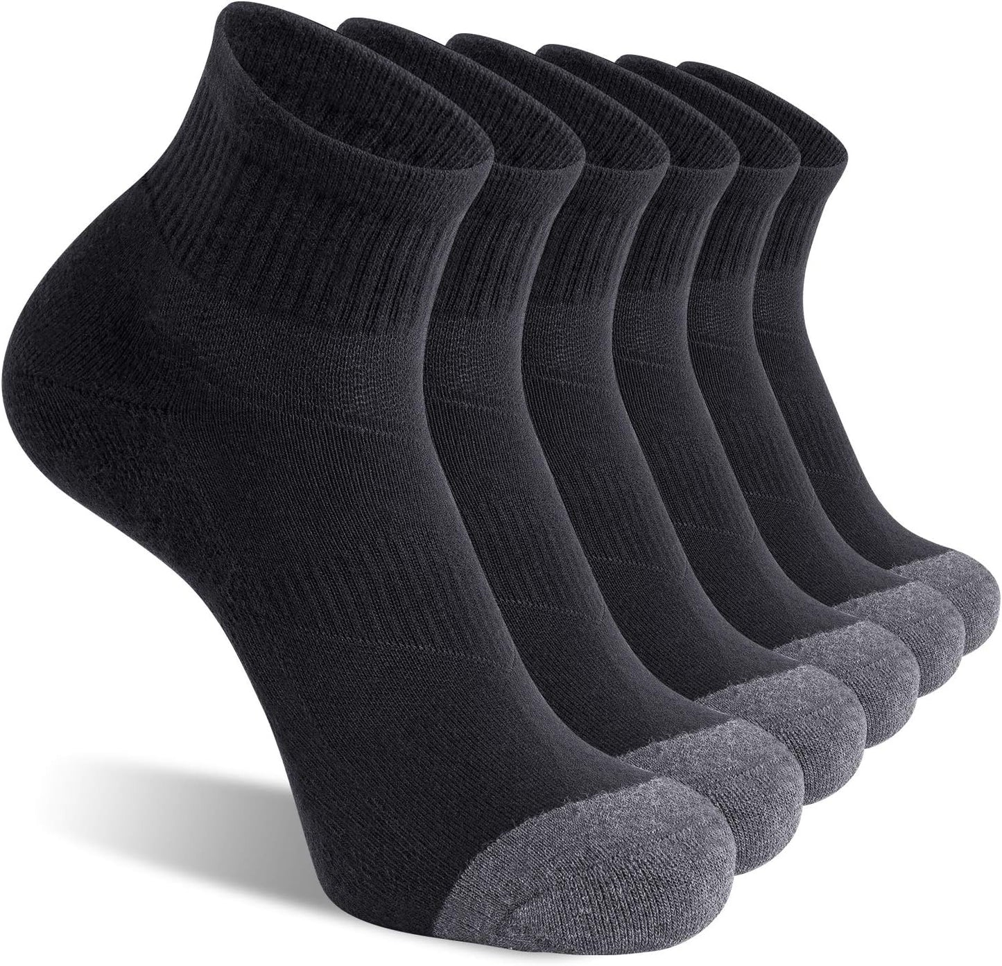 Men's Athletic Running Ankle Socks with Cushion, 6 pack, available in Small, Medium, and Large sizes. Colors: White, Light Gray, Dark Gray, and Black.