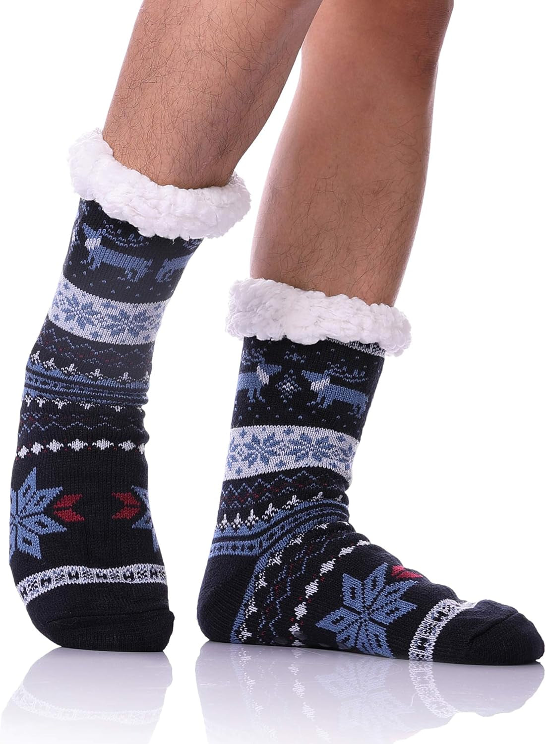 Unisex fuzzy slipper socks, lined with thick thermal fleece and non-slip traction, available in regular US men's shoe sizes 6–11,Color: Dark Blue