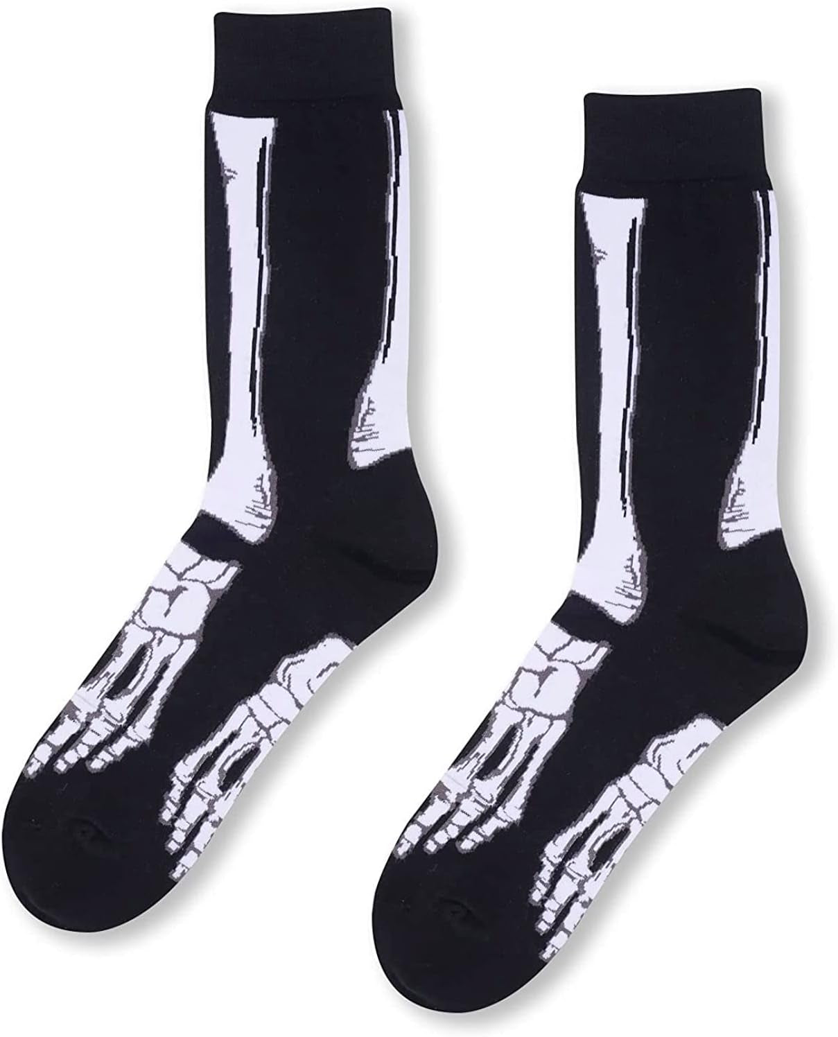 Black and white skeleton socks for boys and men, with a size range that covers shoe sizes 7–13 and sock sizes 8–14.