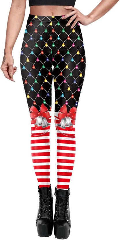 Women'S High Waist Christmas Leggings Striped Reindeer Sknowflake Printed Holiday Tights