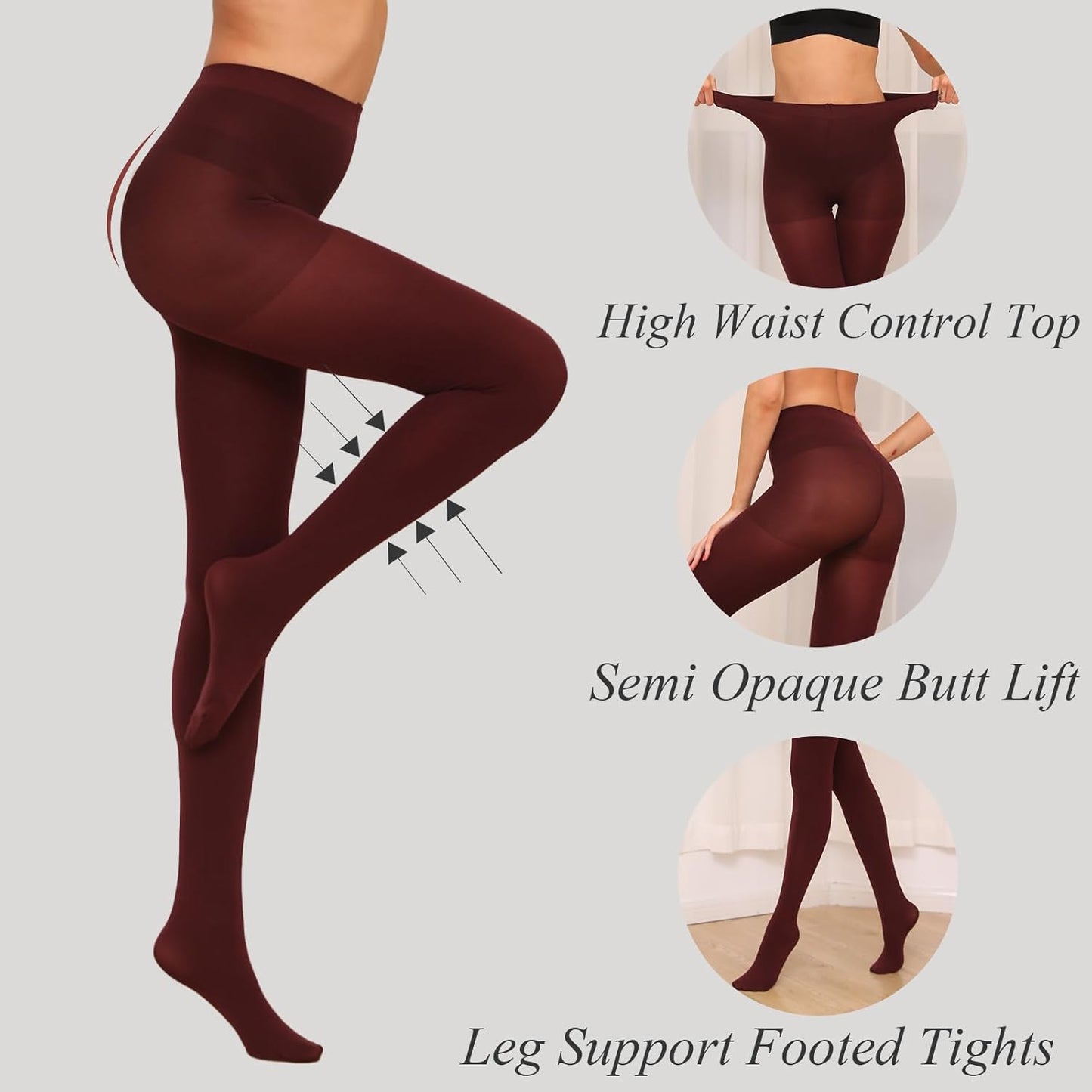 Women and Teenage Girls Opaque Thick sheer pantyhose control Top , Medium (Height 5'4"-6'; Weight 120-185 pounds). Color: Wine red.