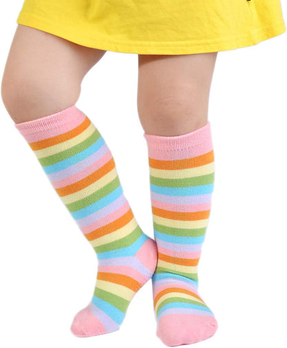 Rainbow Striped Knee High Socks for Baby Girls, Non-Slip, Sizes 3-12months, Pink Stripes Color.