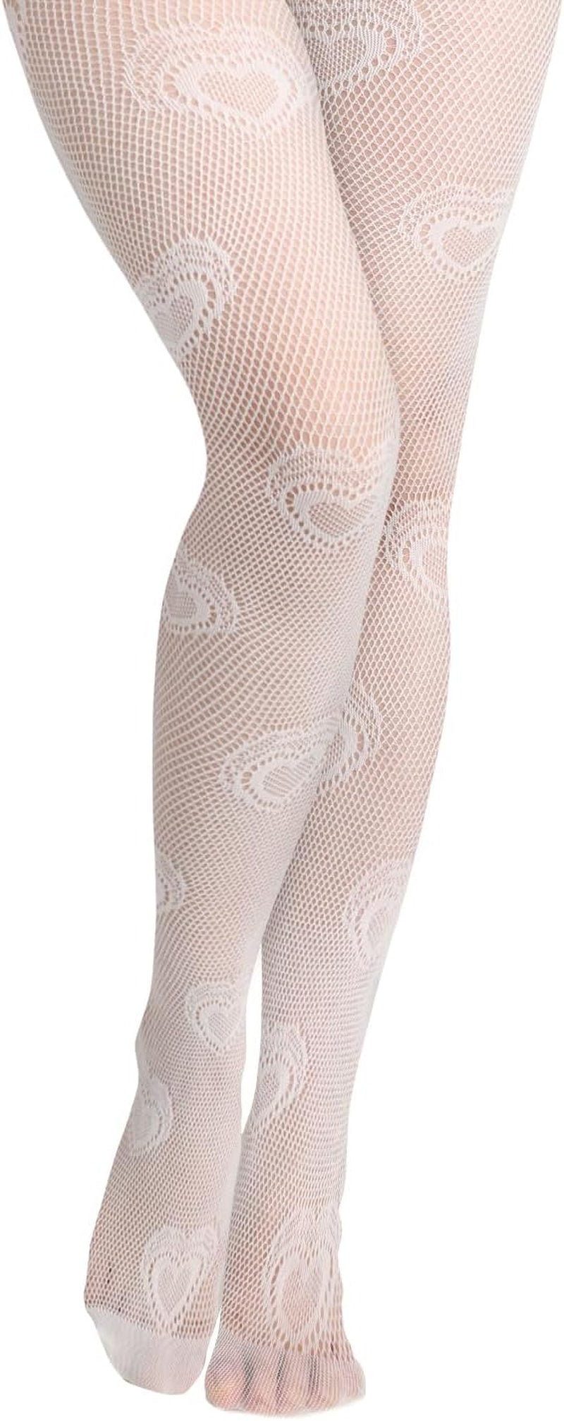 Women's and adolescent girls' high waist pantyhose with a heart pattern. White, one size fits those who are between the heights of 5'10" and 5'10" and weights between 100 and 160 pounds.