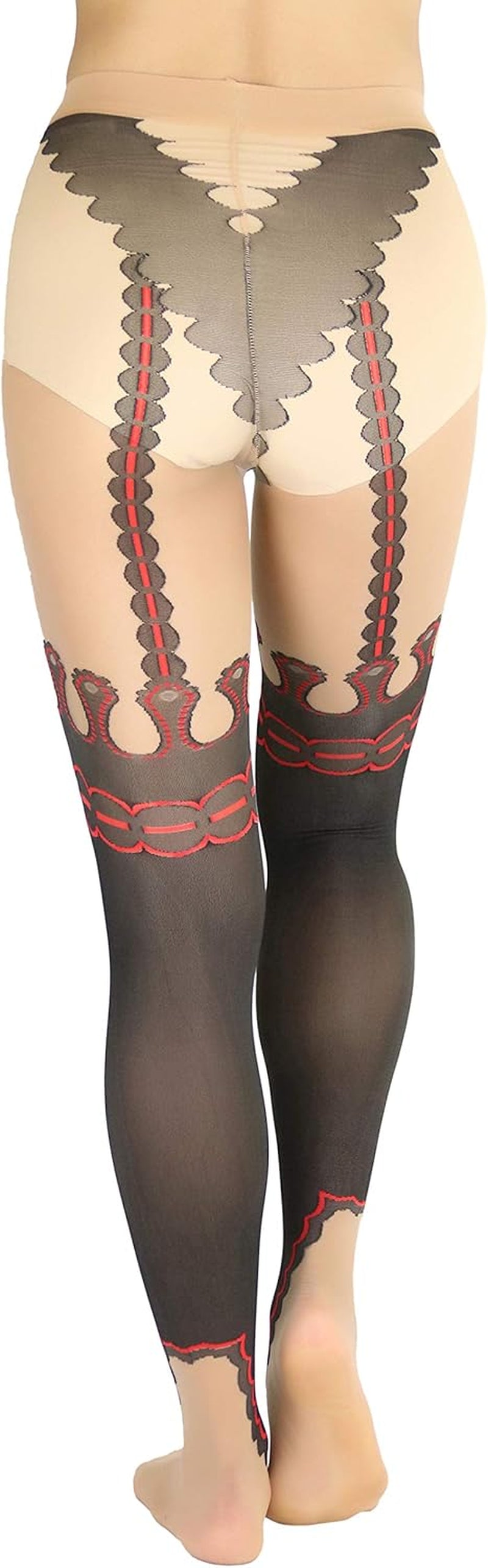 Women and Teenage Girls Garter Sheers Pantyhose with Festival Print Suspender. Color: Red/Black; Size: One Size (90-160 pounds).