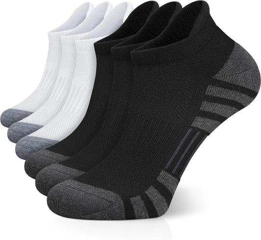 Low-cut socks for men, young men and women, featuring six pairs of cushioned, breathable socks for the ankles. Size: 6-9, Color: Black and White.