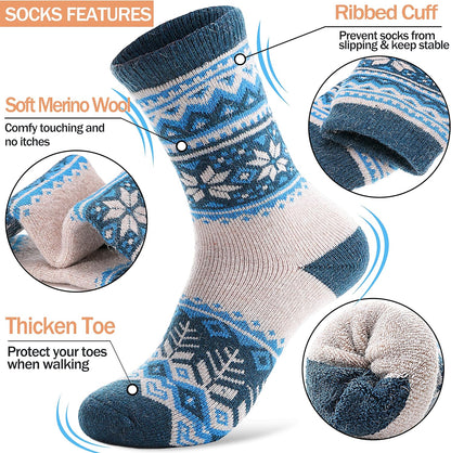 Women and Teens thermal wool socks with thick winter boot crew cozy socks. 5 Pairs,  One Size: women's US 5-10, Color: Multicolors snowflakes design.