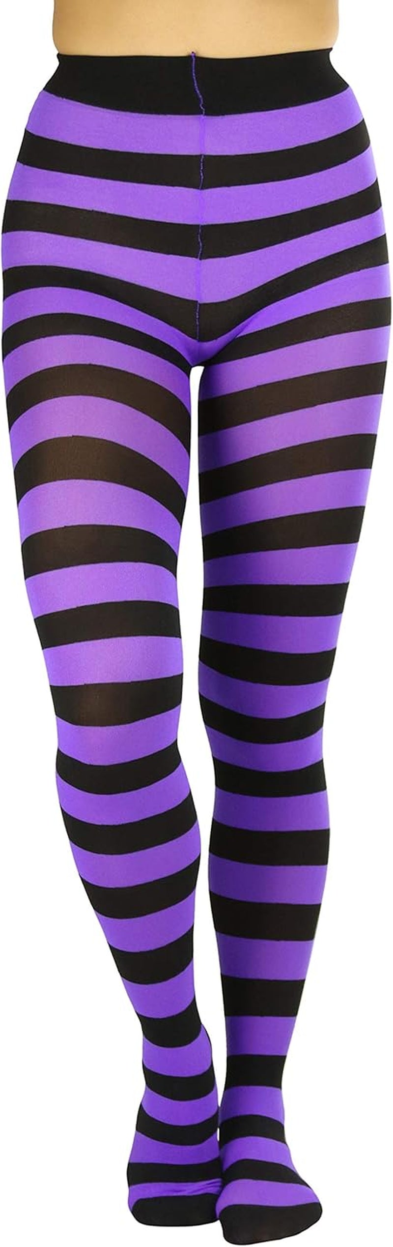 A pair of opaque stockings in purple and black with wide horizontal contrast stripes, perfect for women and teenagers. Size: one size (regular up to 165lbs). 