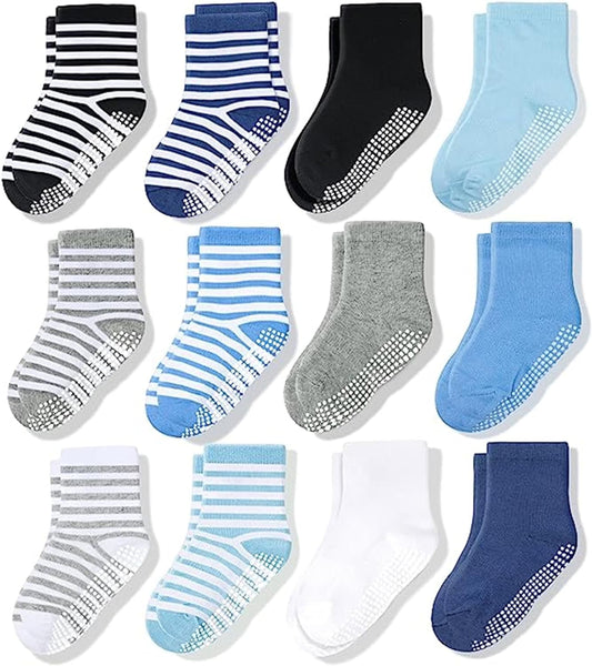 Boys Anti Slip Crew Socks 12 Pairs with Bottom Grips Non Skid, Size: 3-5T, Color: Mulitple Solids and Stripes.