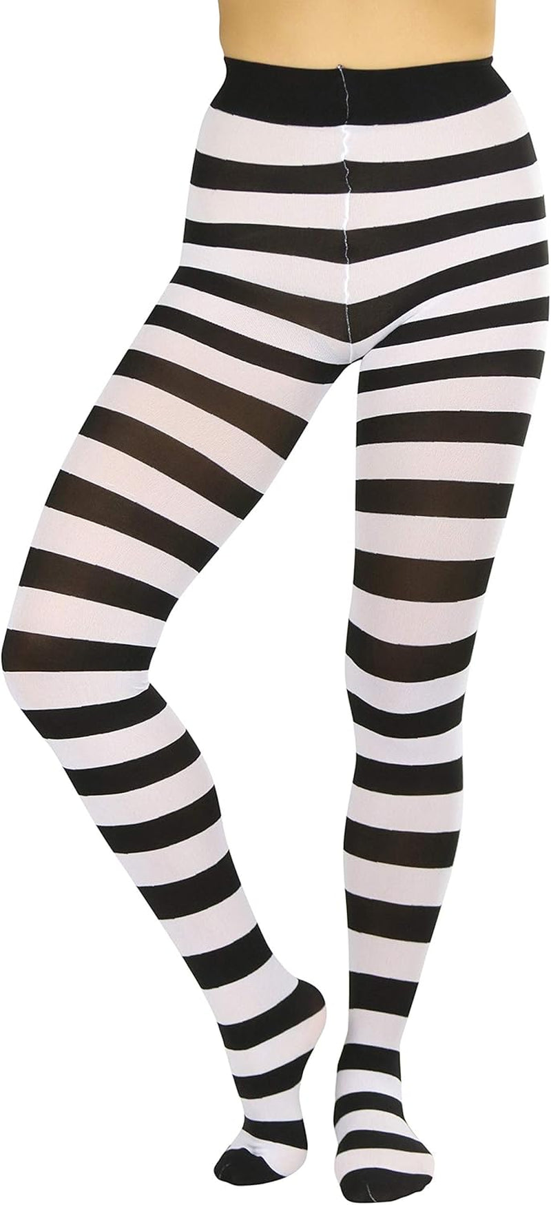 A pair of opaque stockings in black and white with wide horizontal contrast stripes, perfect for women and teenagers. Size: one size (regular up to 165lbs).