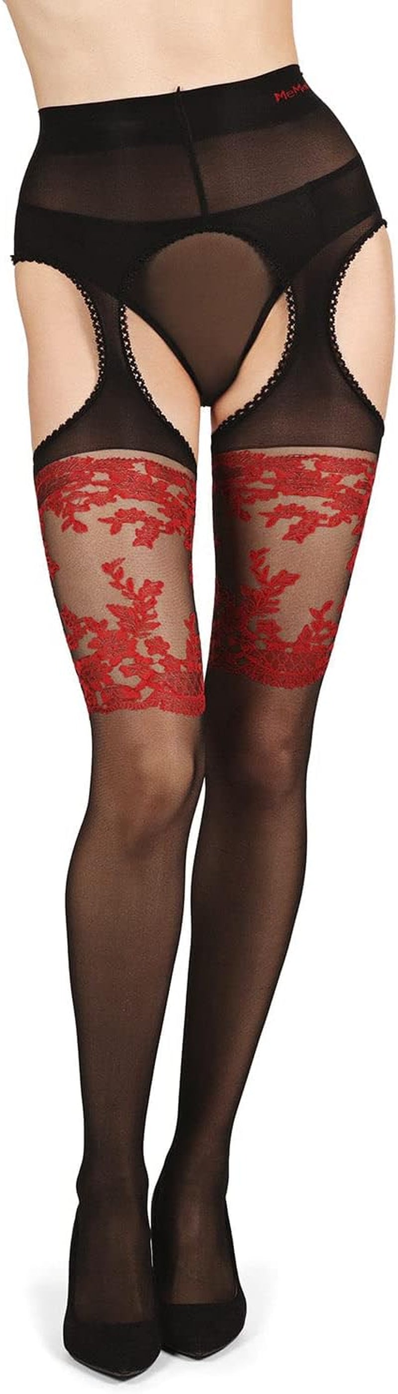 Red suspender sheer pantyhose for women and teen girls. Size: Small to Medium (fits height 4'10"-5'6"; Weight 95-145lbs). Color: Black/Red.