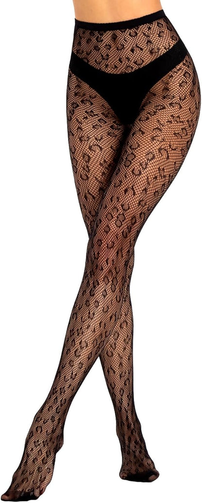 Fishnet  Women and Teen Girls Lace Black Leopard Patterned High Waist Pantyhose, One Size: suitable for most people with a height of 5.4-5.8 feet and a weight of 99-176 pounds.  Color: Black