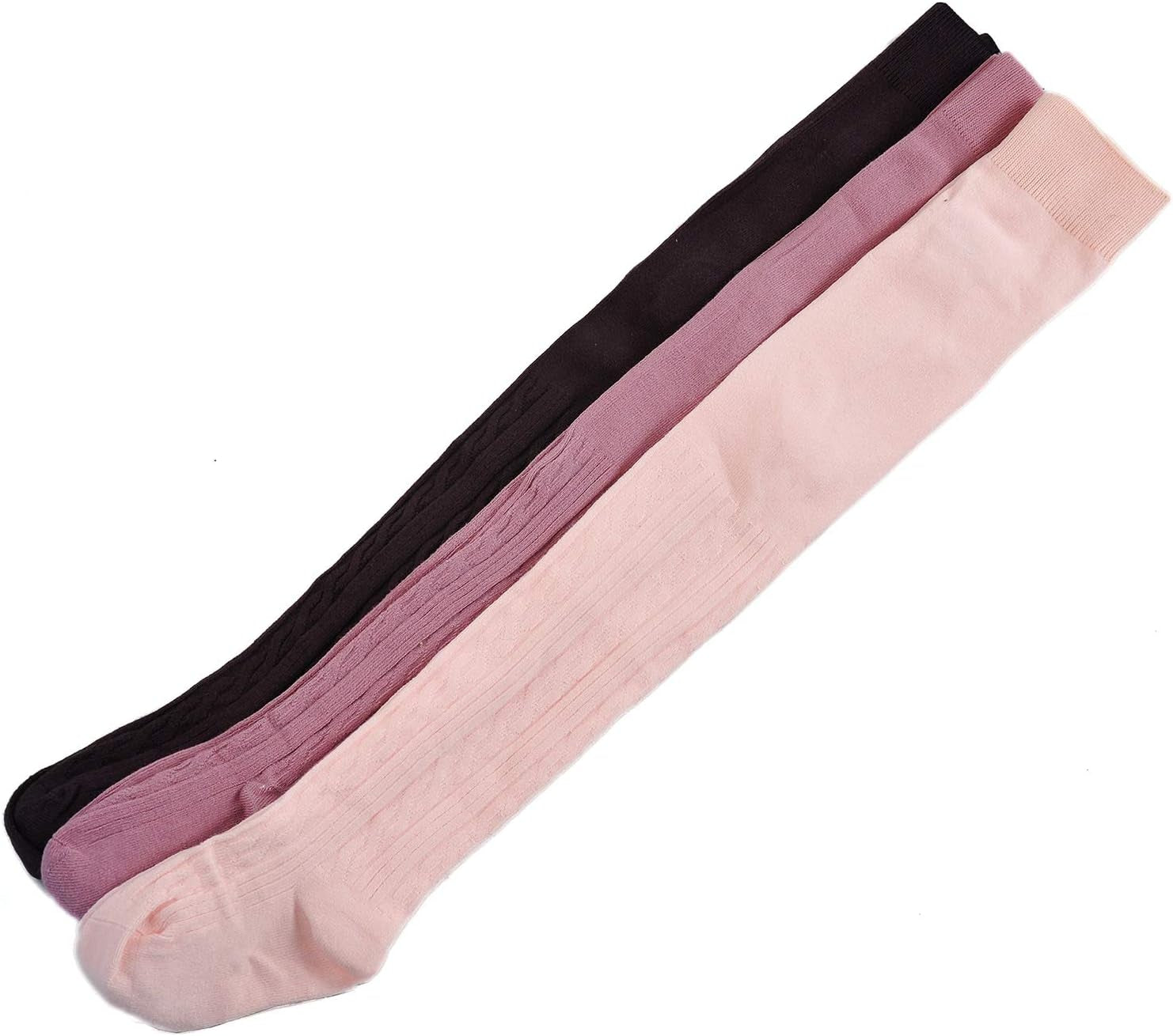 Three pairs of thick cable knit cotton tights for girls, in pink, purple, and dark brown, for ages four to six.