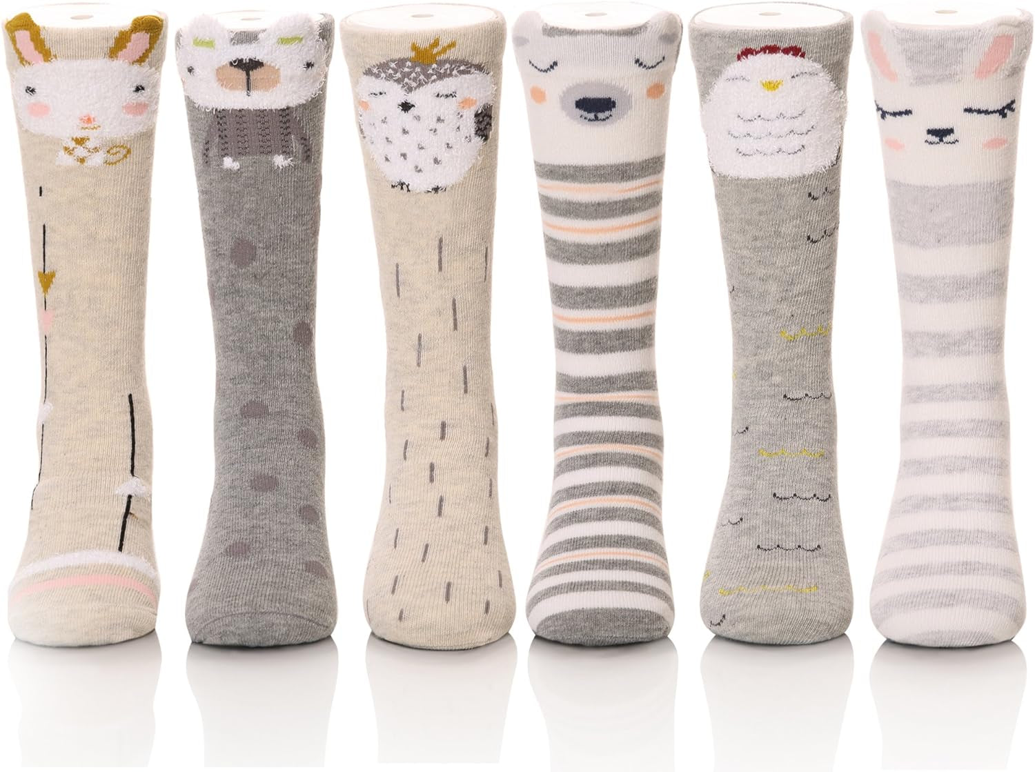 Cartoon animal print knee high socks made of soft cotton, perfect for girls and toddlers. Age range: 1–7 years.