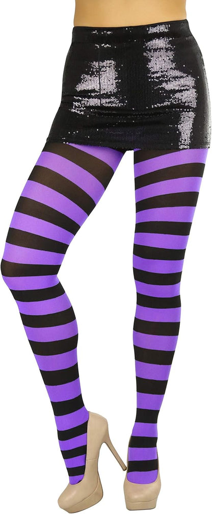 A pair of opaque stockings in purple and black with wide horizontal contrast stripes, perfect for women and teenagers. Size: one size (regular up to 165lbs). 