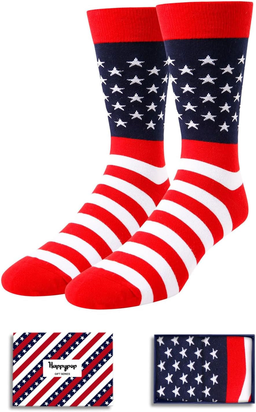 Pairs of American Flag Socks for Any Occasion. Red, white, and blue with a self-design pattern; shoe sizes 7–13; sock sizes 8–14.