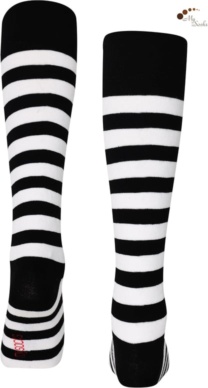 A perfect complement to your collection are these Unisex Knee High Stripe Socks. Size: 8–11; Color: White/Black stripes.