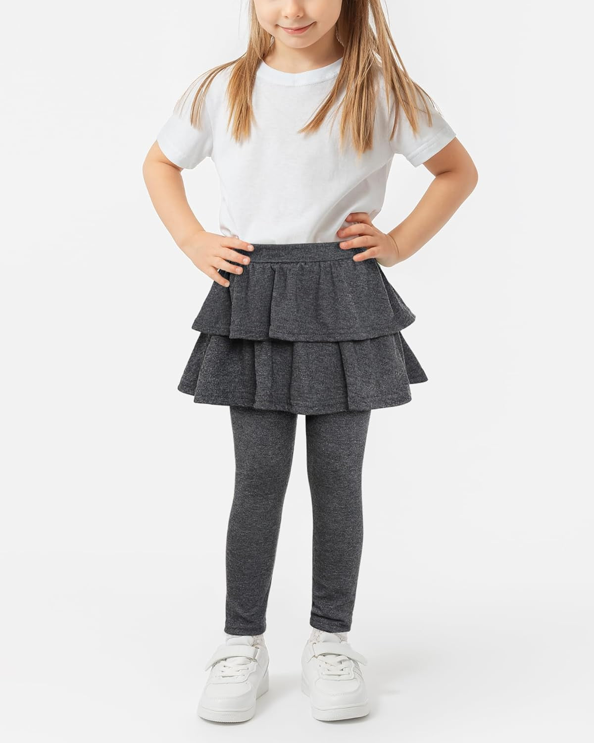 Toddler girls' stretchy cotton pant skirt with a little ruffle and footless leggings set.  Size: 5-6 Years  (Height 45.7 - 49.2; Waist:17.3 - 27.6), Color: Dark Grey.