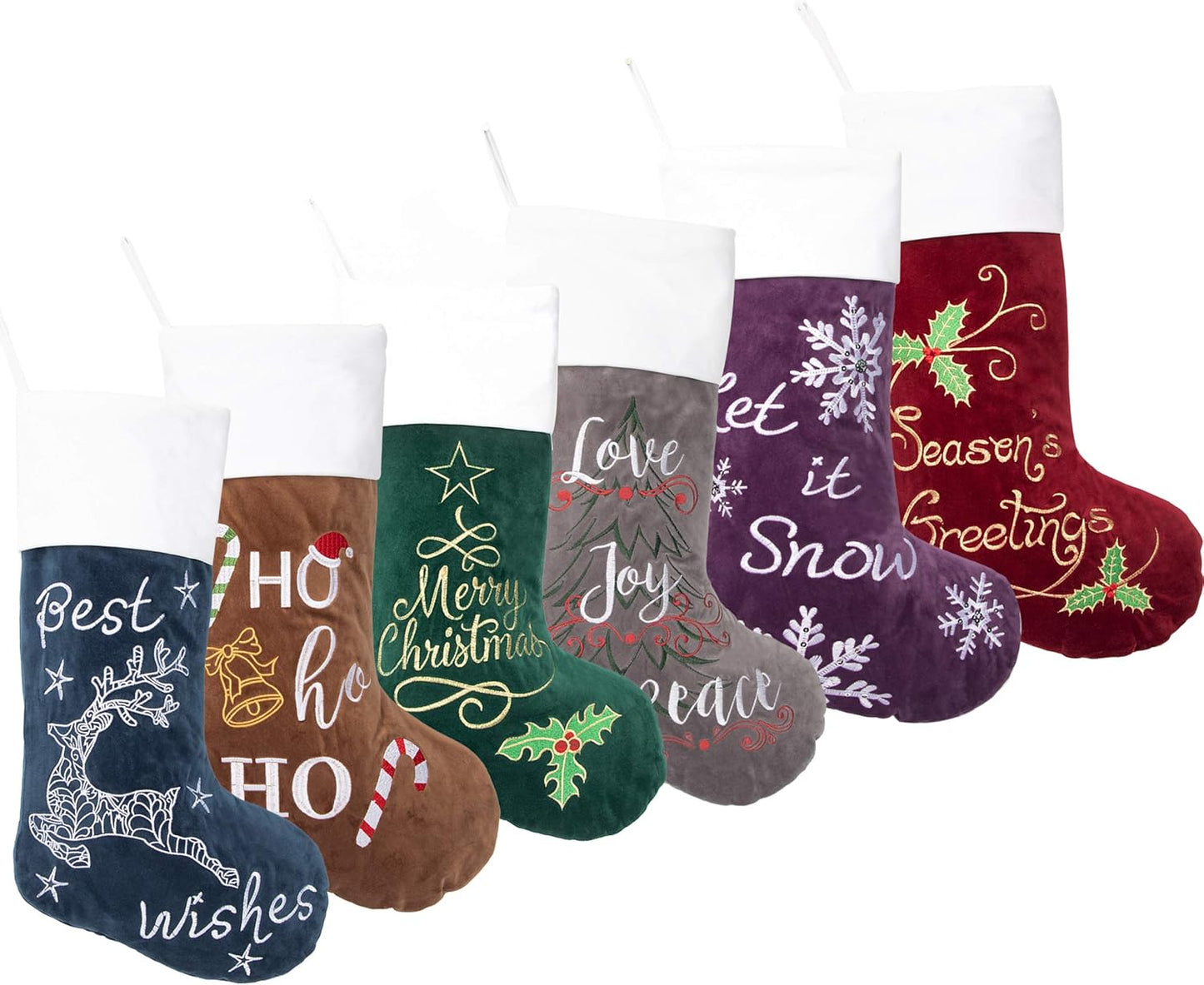 Christmas Stockings for the Family in a 6-Pack Colors: Red, Green, Purple, Blue, Grey, Brown; 22" Large Quilted Lining Embroidery Classic Luxury Velvet, Hanging Christmas Tree Ornaments for Fireplaces (Set of 6)