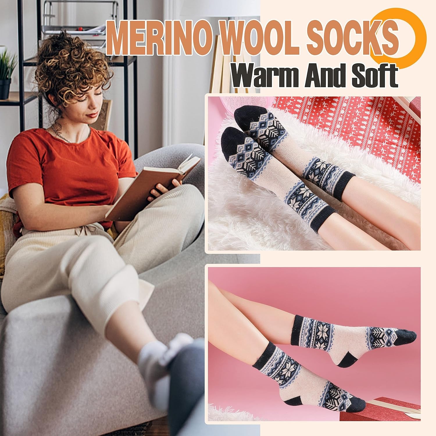 Women and Teens thermal wool socks with thick winter boot crew cozy socks. 5 Pairs,  One Size: women's US 5-10, Color: Multicolors snowflakes design.