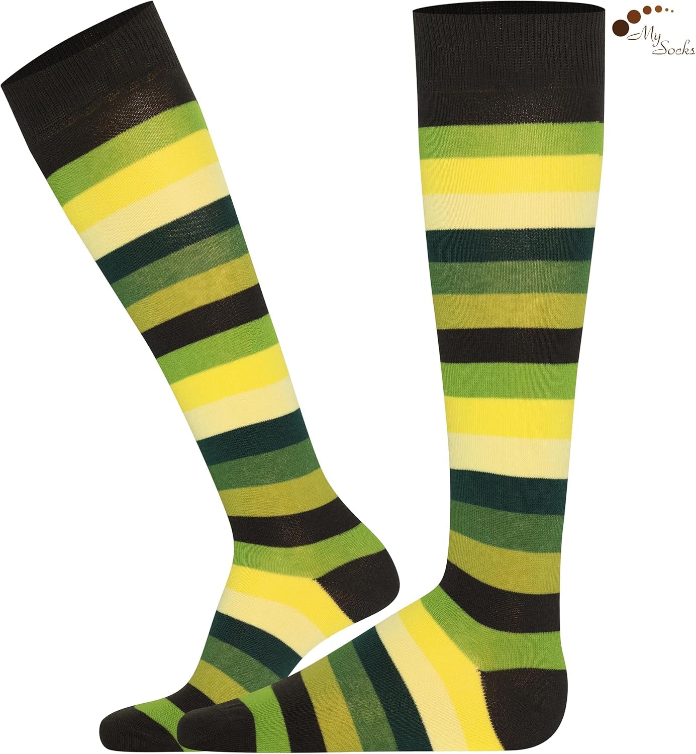 A perfect complement to your collection are these Unisex Knee High Stripe Socks. Size: 8–11; Color: Multi-Green stripes.